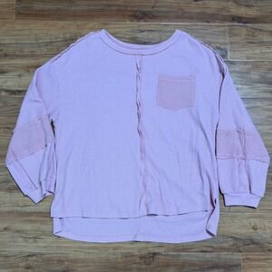 Waffle Knit Top Raw Edge Pocket Long Sleeve Pullover Comfy Casual Pink L